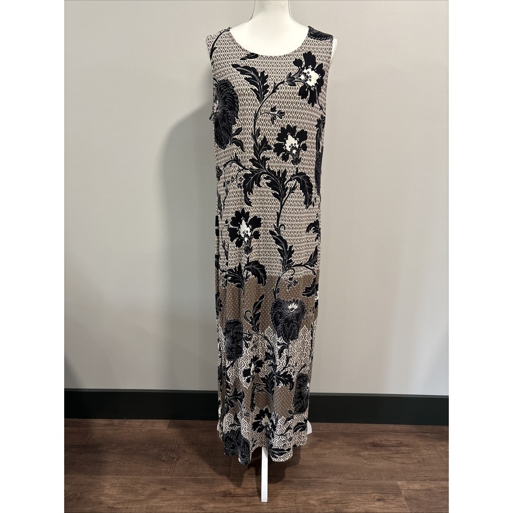 Chico's Women Long Maxi Dress Size L 16/18 Black Floral Slip On Sleeveless Dress